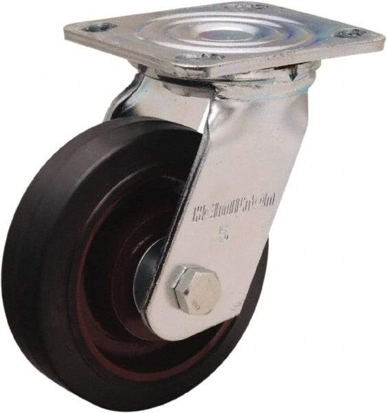 Hamilton - 5" Diam x 1-1/2" Wide x 6-1/8" OAH Top Plate Mount Swivel Caster - Rubber Mold on Cast Iron, 240 Lb Capacity, Straight Roller Bearing, 4 x 4-1/2" Plate - Eagle Tool & Supply