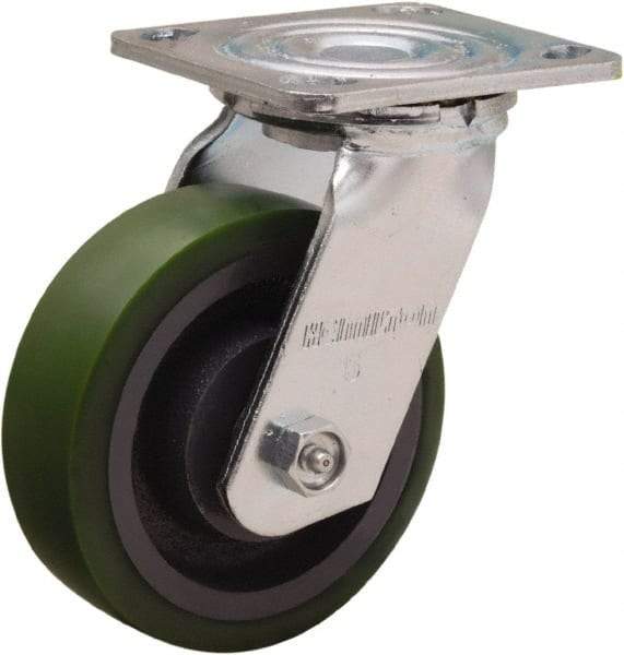 Hamilton - 5" Diam x 1-1/2" Wide x 6-1/8" OAH Top Plate Mount Swivel Caster - Polyurethane Mold onto Cast Iron Center, 550 Lb Capacity, Straight Roller Bearing, 4 x 4-1/2" Plate - Eagle Tool & Supply