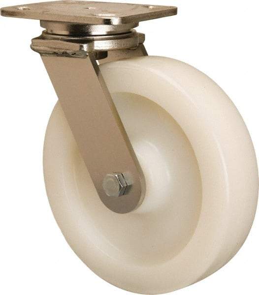 Hamilton - 8" Diam x 2" Wide x 9-1/2" OAH Top Plate Mount Swivel Caster - Nylon, 900 Lb Capacity, Stainless Steel Double Shielded Precision Ball Bearing, 4 x 5" Plate - Eagle Tool & Supply