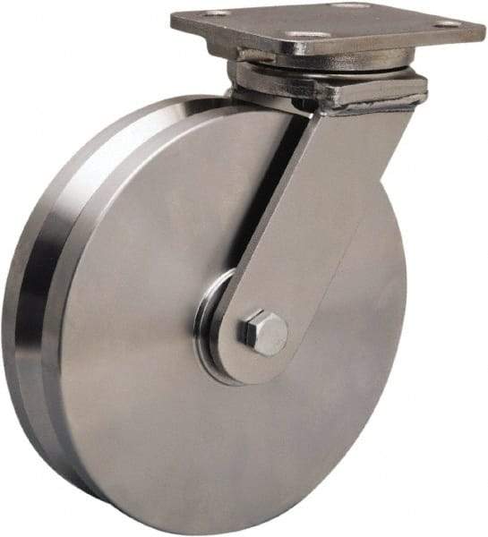 Hamilton - 8" Diam x 2" Wide, Stainless Steel Swivel Caster - 1,600 Lb Capacity, Top Plate Mount, 4" x 5" Plate, Stainless Steel Precision Ball Bearing - Eagle Tool & Supply