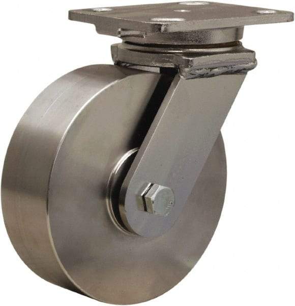Hamilton - 6" Diam x 2" Wide x 7-1/2" OAH Top Plate Mount Swivel Caster - Forged Steel, 1,200 Lb Capacity, Stainless Steel Double Shielded Precision Ball Bearing, 4 x 5" Plate - Eagle Tool & Supply