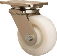 Hamilton - 5" Diam x 2" Wide x 6-1/2" OAH Top Plate Mount Swivel Caster - Nylon, 900 Lb Capacity, Stainless Steel Double Shielded Precision Ball Bearing, 4 x 5" Plate - Eagle Tool & Supply