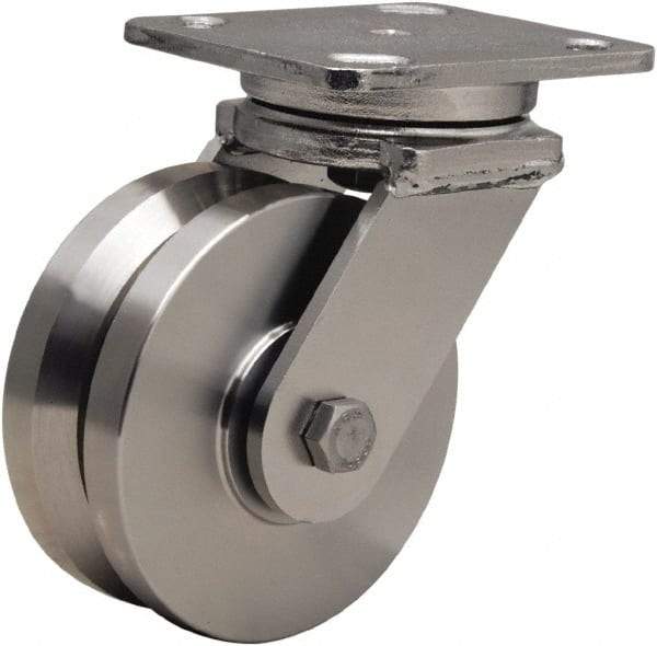 Hamilton - 5" Diam x 2" Wide, Stainless Steel Swivel Caster - 950 Lb Capacity, Top Plate Mount, 4" x 5" Plate, Delrin Bearing - Eagle Tool & Supply