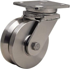 Hamilton - 5" Diam x 2" Wide, Stainless Steel Swivel Caster - 950 Lb Capacity, Top Plate Mount, 4" x 5" Plate, Delrin Bearing - Eagle Tool & Supply