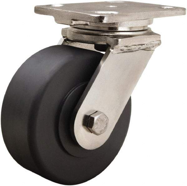 Hamilton - 8" Diam x 2" Wide x 9-1/2" OAH Top Plate Mount Swivel Caster - Nylon, 1,600 Lb Capacity, Stainless Steel Double Shielded Precision Ball Bearing, 4 x 5" Plate - Eagle Tool & Supply