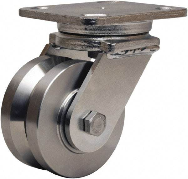 Hamilton - 4" Diam x 2" Wide, Stainless Steel Swivel Caster - 850 Lb Capacity, Top Plate Mount, 4" x 5" Plate, Delrin Bearing - Eagle Tool & Supply