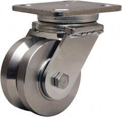 Hamilton - 4" Diam x 2" Wide, Stainless Steel Swivel Caster - 850 Lb Capacity, Top Plate Mount, 4" x 5" Plate, Stainless Steel Precision Ball Bearing - Eagle Tool & Supply