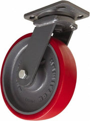 Hamilton - 8" Diam x 2" Wide x 9-1/2" OAH Top Plate Mount Swivel Caster - Polyurethane Mold onto Cast Iron Center, 1,800 Lb Capacity, Sealed Precision Ball Bearing, 4 x 5" Plate - Eagle Tool & Supply