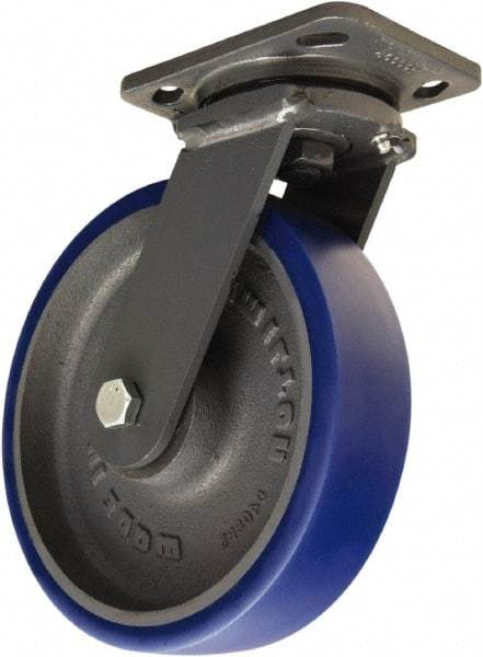 Hamilton - 8" Diam x 2" Wide x 9-1/2" OAH Top Plate Mount Swivel Caster - Polyurethane Mold onto Cast Iron Center, 1,200 Lb Capacity, Tapered Roller Bearing, 4 x 5" Plate - Eagle Tool & Supply