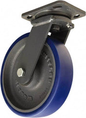 Hamilton - 8" Diam x 2" Wide x 9-1/2" OAH Top Plate Mount Swivel Caster - Polyurethane Mold onto Cast Iron Center, 1,200 Lb Capacity, Tapered Roller Bearing, 4 x 5" Plate - Eagle Tool & Supply