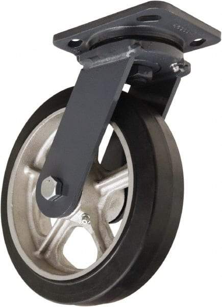 Hamilton - 8" Diam x 2" Wide x 9-1/2" OAH Top Plate Mount Swivel Caster - Rubber Mold on Cast Iron, 500 Lb Capacity, Tapered Roller Bearing, 4 x 5" Plate - Eagle Tool & Supply