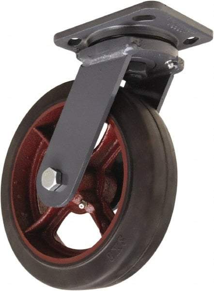 Hamilton - 8" Diam x 2" Wide x 9-1/2" OAH Top Plate Mount Swivel Caster - Rubber Mold on Cast Iron, 500 Lb Capacity, Straight Roller Bearing, 4 x 5" Plate - Eagle Tool & Supply
