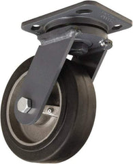 Hamilton - 6" Diam x 2" Wide x 7-1/2" OAH Top Plate Mount Swivel Caster - Rubber Mold on Cast Iron, 410 Lb Capacity, Tapered Roller Bearing, 4 x 5" Plate - Eagle Tool & Supply