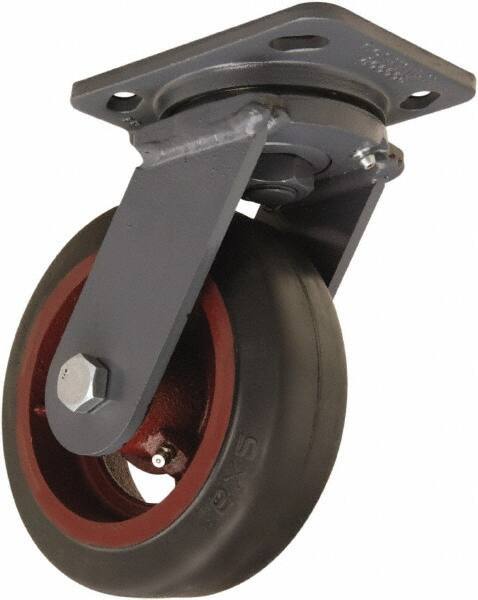 Hamilton - 6" Diam x 2" Wide x 7-1/2" OAH Top Plate Mount Swivel Caster - Rubber Mold on Cast Iron, 410 Lb Capacity, Straight Roller Bearing, 4 x 5" Plate - Eagle Tool & Supply
