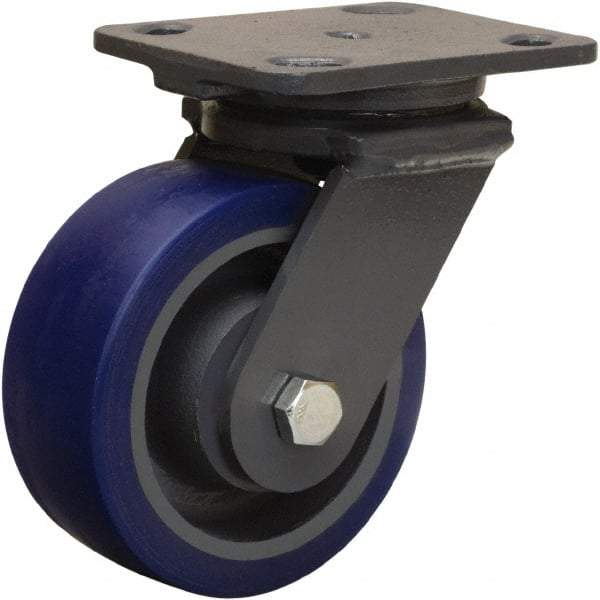 Hamilton - 5" Diam x 2" Wide x 6-1/2" OAH Top Plate Mount Swivel Caster - Polyurethane Mold onto Cast Iron Center, 840 Lb Capacity, Sealed Precision Ball Bearing, 4 x 5" Plate - Eagle Tool & Supply