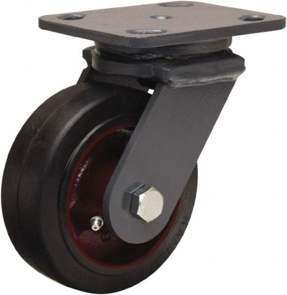 Hamilton - 5" Diam x 2" Wide x 6-1/2" OAH Top Plate Mount Swivel Caster - Rubber Mold on Cast Iron, 350 Lb Capacity, Straight Roller Bearing, 4 x 5" Plate - Eagle Tool & Supply