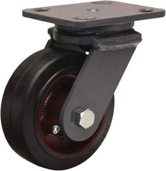 Hamilton - 5" Diam x 2" Wide x 6-1/2" OAH Top Plate Mount Swivel Caster - Rubber Mold on Cast Iron, 350 Lb Capacity, Straight Roller Bearing, 4 x 5" Plate - Eagle Tool & Supply