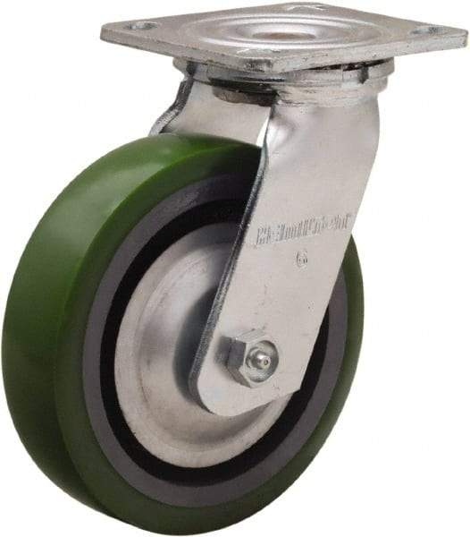 Hamilton - 6" Diam x 1-1/2" Wide x 7-1/2" OAH Top Plate Mount Swivel Caster - Polyurethane Mold onto Cast Iron Center, 850 Lb Capacity, Straight Roller Bearing, 4 x 4-1/2" Plate - Eagle Tool & Supply