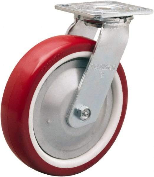 Hamilton - 8" Diam x 2" Wide x 9-1/2" OAH Top Plate Mount Swivel Caster - Polyurethane Mold on Polypropylene, 900 Lb Capacity, Straight Roller Bearing, 4 x 4-1/2" Plate - Eagle Tool & Supply