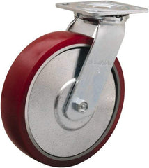 Hamilton - 8" Diam x 2" Wide x 9-1/2" OAH Top Plate Mount Swivel Caster - Polyurethane on Aluminum, 900 Lb Capacity, Straight Roller Bearing, 4 x 4-1/2" Plate - Eagle Tool & Supply