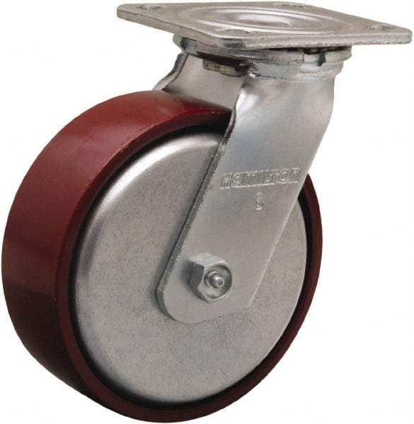 Hamilton - 6" Diam x 2" Wide x 7-1/2" OAH Top Plate Mount Swivel Caster - Cast Iron, 800 Lb Capacity, Sealed Precision Ball Bearing, 4 x 4-1/2" Plate - Eagle Tool & Supply