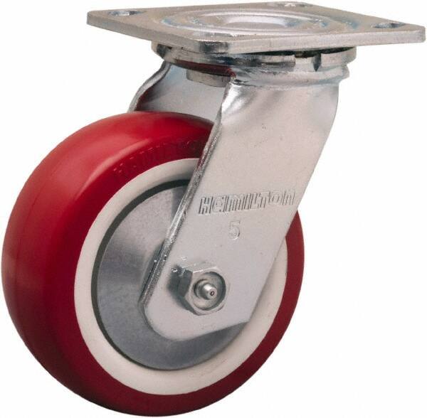 Hamilton - 5" Diam x 2" Wide x 6-1/2" OAH Top Plate Mount Swivel Caster - Polyurethane Mold on Polypropylene, 900 Lb Capacity, Straight Roller Bearing, 4 x 4-1/2" Plate - Eagle Tool & Supply