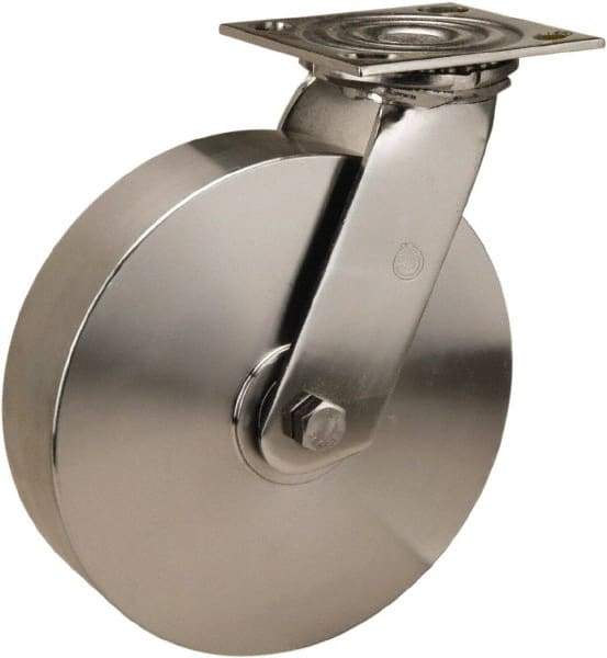 Hamilton - 8" Diam x 2" Wide x 9-1/2" OAH Top Plate Mount Swivel Caster - Stainless Steel, 800 Lb Capacity, Plain Bore Bearing, 4 x 4-1/2" Plate - Eagle Tool & Supply