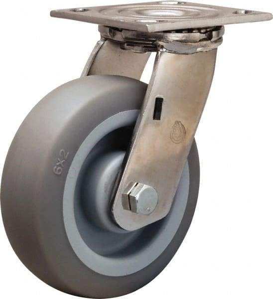 Hamilton - 6" Diam x 2" Wide x 7-1/2" OAH Top Plate Mount Swivel Caster - Rubber Mold on Polyolefin, 410 Lb Capacity, Delrin Bearing, 3-3/4 x 4-1/2" Plate - Eagle Tool & Supply