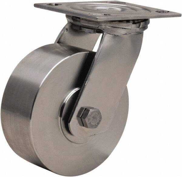 Hamilton - 5" Diam x 2" Wide x 6-1/2" OAH Top Plate Mount Swivel Caster - Forged Steel, 800 Lb Capacity, Delrin Bearing, 3-3/4 x 4-1/2" Plate - Eagle Tool & Supply