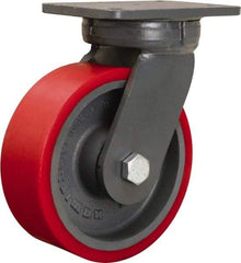 Hamilton - 8" Diam x 3" Wide x 10-1/2" OAH Top Plate Mount Swivel Caster - Polyurethane Mold onto Cast Iron Center, 3,000 Lb Capacity, Precision Ball Bearing, 5-1/4 x 7-1/4" Plate - Eagle Tool & Supply