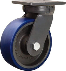 Hamilton - 8" Diam x 3" Wide x 10-1/2" OAH Top Plate Mount Swivel Caster - Polyurethane Mold onto Cast Iron Center, 2,000 Lb Capacity, Precision Tapered Roller Bearing, 5-1/4 x 7-1/4" Plate - Eagle Tool & Supply