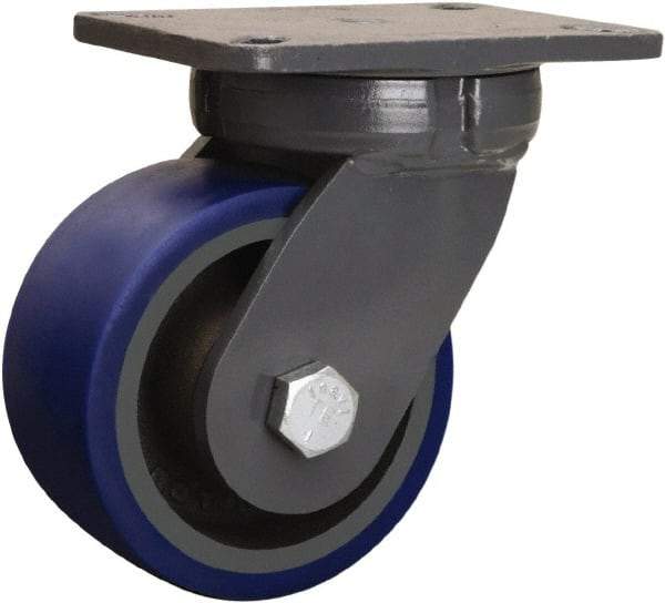 Hamilton - 6" Diam x 3" Wide x 8" OAH Top Plate Mount Swivel Caster - Polyurethane Mold onto Cast Iron Center, 1,800 Lb Capacity, Precision Tapered Roller Bearing, 5-1/4 x 7-1/4" Plate - Eagle Tool & Supply