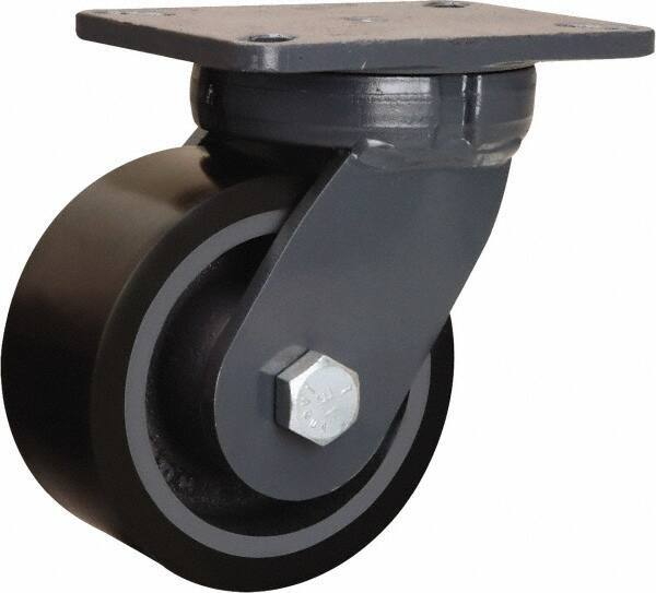 Hamilton - 6" Diam x 3" Wide x 8" OAH Top Plate Mount Swivel Caster - Polyurethane Mold onto Cast Iron Center, 2,860 Lb Capacity, Sealed Precision Ball Bearing, 5-1/4 x 7-1/4" Plate - Eagle Tool & Supply