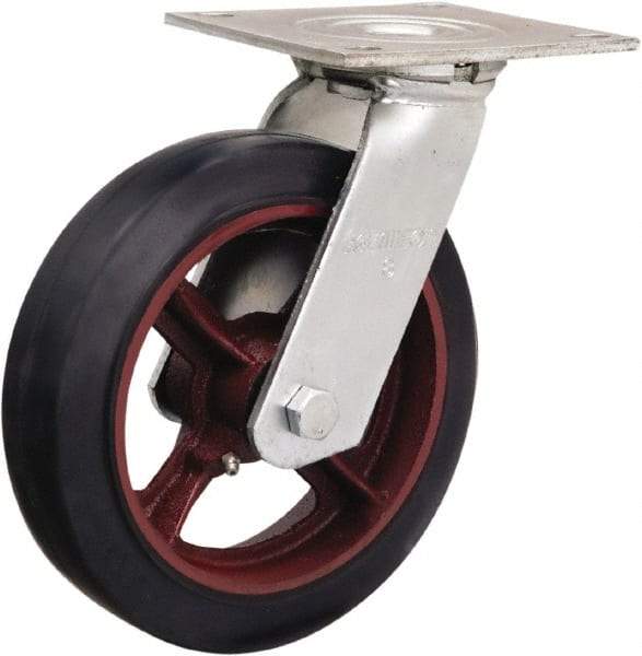 Hamilton - 8" Diam x 2" Wide x 9-1/2" OAH Top Plate Mount Swivel Caster - Rubber Mold on Cast Iron, 500 Lb Capacity, Straight Roller Bearing, 5 x 5-1/2" Plate - Eagle Tool & Supply