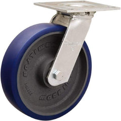 Hamilton - 8" Diam x 2" Wide x 9-1/2" OAH Top Plate Mount Swivel Caster - Polyurethane Mold onto Cast Iron Center, 900 Lb Capacity, Sealed Precision Ball Bearing, 5 x 5-1/2" Plate - Eagle Tool & Supply
