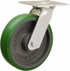 Hamilton - 8" Diam x 2" Wide x 9-1/2" OAH Top Plate Mount Swivel Caster - Polyurethane Mold onto Cast Iron Center, 900 Lb Capacity, Sealed Precision Ball Bearing, 5 x 5-1/2" Plate - Eagle Tool & Supply