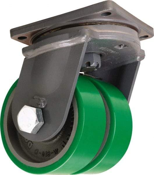 Hamilton - 8" Diam x 3" Wide x 11" OAH Top Plate Mount Dual Swivel Caster - Polyurethane Mold onto Cast Iron Center, 5,000 Lb Capacity, Straight Roller Bearing, 8-1/2 x 8-1/2" Plate - Eagle Tool & Supply