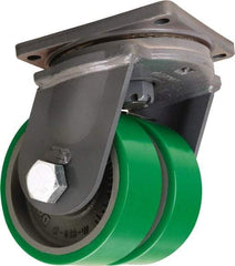 Hamilton - 8" Diam x 3" Wide x 11" OAH Top Plate Mount Dual Swivel Caster - Polyurethane Mold onto Cast Iron Center, 5,000 Lb Capacity, Straight Roller Bearing, 8-1/2 x 8-1/2" Plate - Eagle Tool & Supply