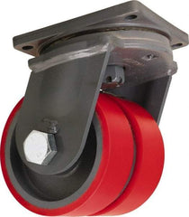 Hamilton - 8" Diam x 3" Wide x 11" OAH Top Plate Mount Dual Swivel Caster - Polyurethane Mold on Forged Steel, 6,000 Lb Capacity, Tapered Roller Bearing, 8-1/2 x 8-1/2" Plate - Eagle Tool & Supply