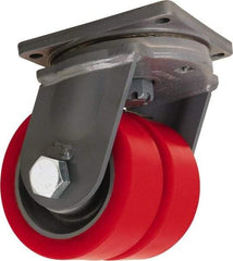 Hamilton - 8" Diam x 3" Wide x 11" OAH Top Plate Mount Dual Swivel Caster - Polyurethane Mold on Forged Steel, 8,400 Lb Capacity, Tapered Roller Bearing, 8-1/2 x 8-1/2" Plate - Eagle Tool & Supply
