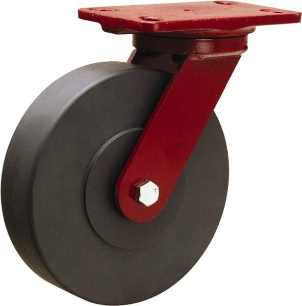 Hamilton - 8" Diam x 2" Wide x 9-3/4" OAH Top Plate Mount Swivel Caster - Nylon, 2,000 Lb Capacity, Sealed Precision Ball Bearing, 4-1/2 x 6-1/2" Plate - Eagle Tool & Supply