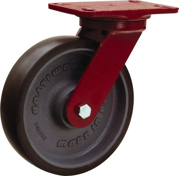 Hamilton - 8" Diam x 2" Wide x 9-3/4" OAH Top Plate Mount Swivel Caster - Polyurethane Mold onto Cast Iron Center, 1,950 Lb Capacity, Tapered Roller Bearing, 4-1/2 x 6-1/2" Plate - Eagle Tool & Supply