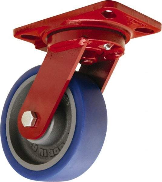 Hamilton - 6" Diam x 2" Wide x 7-3/4" OAH Top Plate Mount Swivel Caster - Polyurethane Mold onto Cast Iron Center, 960 Lb Capacity, Tapered Roller Bearing, 4-1/2 x 6-1/2" Plate - Eagle Tool & Supply