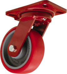 Hamilton - 6" Diam x 2" Wide x 7-3/4" OAH Top Plate Mount Swivel Caster - Polyurethane Mold on Forged Steel, 1,400 Lb Capacity, Tapered Roller Bearing, 4-1/2 x 6-1/2" Plate - Eagle Tool & Supply