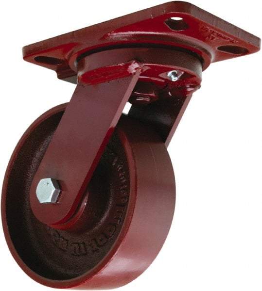 Hamilton - 6" Diam x 2" Wide x 7-3/4" OAH Top Plate Mount Swivel Caster - Cast Iron, 1,400 Lb Capacity, Sealed Precision Ball Bearing, 4-1/2 x 6-1/2" Plate - Eagle Tool & Supply