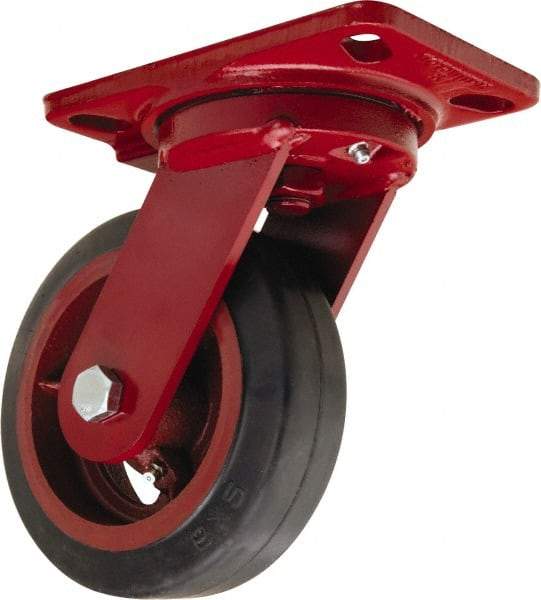 Hamilton - 6" Diam x 2" Wide x 7-3/4" OAH Top Plate Mount Swivel Caster - Rubber Mold on Cast Iron, 410 Lb Capacity, Straight Roller Bearing, 4-1/2 x 6-1/2" Plate - Eagle Tool & Supply