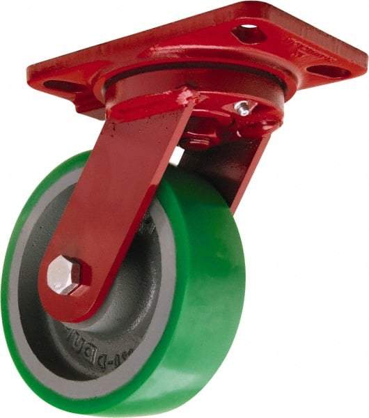 Hamilton - 6" Diam x 2" Wide x 7-3/4" OAH Top Plate Mount Swivel Caster - Polyurethane Mold onto Cast Iron Center, 1,200 Lb Capacity, Tapered Roller Bearing, 4-1/2 x 6-1/2" Plate - Eagle Tool & Supply