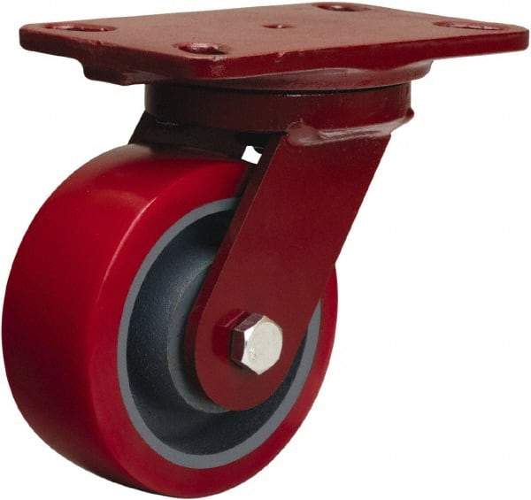 Hamilton - 5" Diam x 2" Wide x 6-3/4" OAH Top Plate Mount Swivel Caster - Polyurethane Mold on Forged Steel, 1,250 Lb Capacity, Tapered Roller Bearing, 4-1/2 x 6-1/2" Plate - Eagle Tool & Supply