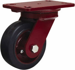 Hamilton - 5" Diam x 2" Wide x 6-3/4" OAH Top Plate Mount Swivel Caster - Rubber Mold on Cast Iron, 350 Lb Capacity, Straight Roller Bearing, 4-1/2 x 6-1/2" Plate - Eagle Tool & Supply