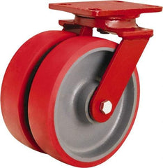 Hamilton - 8" Diam x 2" Wide x 9-3/4" OAH Top Plate Mount Swivel Caster - Polyurethane Mold onto Cast Iron Center, 2,500 Lb Capacity, Tapered Roller Bearing, 4-1/2 x 6-1/2" Plate - Eagle Tool & Supply